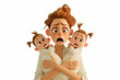 mother in stress with two babys in the arm, 3d cartoon illustration on white background
