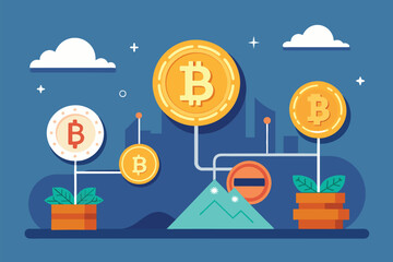 Canvas Print - Bitcoin coin resting on a stack of gleaming gold coins against a vibrant blue backdrop, trading bitcoins, Simple and minimalist flat Vector Illustration