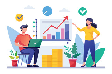 Poster - A man and woman standing in front of a laptop, analyzing stock growth charts, two people analyzing stock growth charts, Simple and minimalist flat Vector Illustration