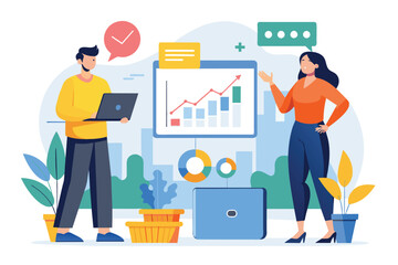 Wall Mural - Man and Woman Presenting Data Analysts Trending SImp, Two people presenting data analysts trending, Simple and minimalist flat Vector Illustration