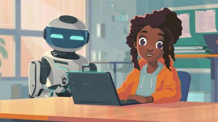 Aufkleber - Woman Working at Laptop Computer Beside Robot