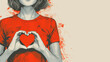 vintage portrait of a modern beautiful girl holding a heart between the fingers, graphic illustration with copy space