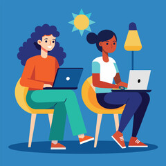 Poster - Couple working on laptops while seated in chairs, Two people sitting on chairs with laptops, Simple and minimalist flat Vector Illustration