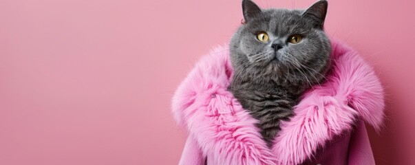 Fashionable cat in pink fur coat