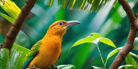 Poster - Colorful tropical bird in jungle on a sunny day. Rainforest illustration with bright beautiful birdie among exotic plants with big leaves. Background with pristine nature landscape.