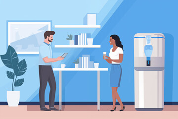 Business graphic vector modern style illustration of business people in an office environment discussing decision making collaborating water cooler moment strategy thinking break time