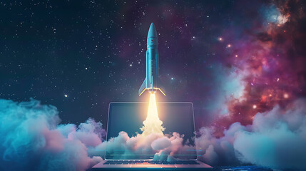 A rocket flying from the laptop screen with galaxy background