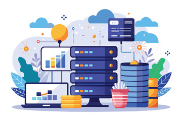 Poster - Multiple stacks of data arranged on top of each other in a structured manner, Web hosting, online database storage technology, Simple and minimalist flat Vector Illustration