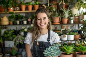 Wall Mural - Smiling attractive female Small business owner in her plant shop. 