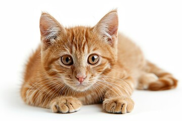 Wall Mural - A cute orange kitten is laying on a white background