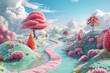 A pink and blue fantasy landscape with a pink river and pink trees