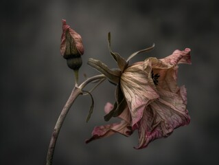 Sticker - A flower is shown in a sepia tone, with a dark background. The flower is wilted and has a faded pink color. The sepia tone gives the image a nostalgic and melancholic mood