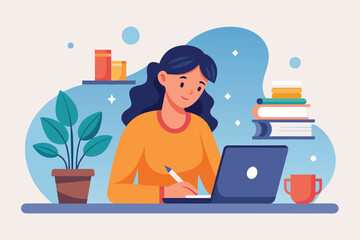 Wall Mural - A woman sitting at a desk, focused on her laptop while working on coursework, with a cup beside her, woman doing coursework with a cup, Simple and minimalist flat Vector Illustration