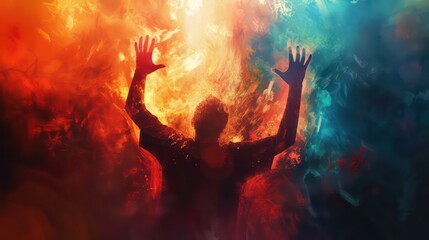 Wall Mural - Artwork of a man raising hands in worship