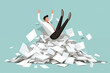 Business graphic vector modern style illustration of a business person in a workplace environment drowning deluged in paper work admin red tape overworked work load too much to handle