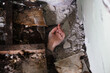 Human hand reaching out from under rubble