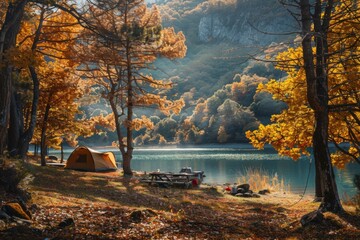  A tent rests on the lake shore amidst the forests natural landscape