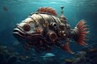 Mechanical Steampunk Fish in Underwater Scene
