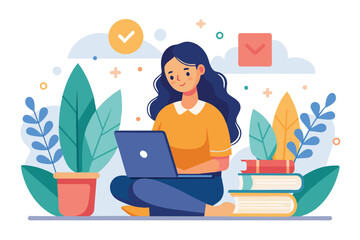 Poster - A woman sitting on the floor, focused on using a laptop, woman reading book online, Simple and minimalist flat Vector Illustration