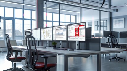 Poster - Modern Office Setup With Multiple Computer Screens and Chairs