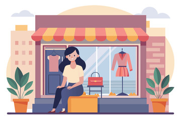 A woman in casual clothing sits on a wooden bench in front of a fashion store, looking at her phone, Woman sitting in front of her fashion shop, Simple and minimalist flat Vector Illustration