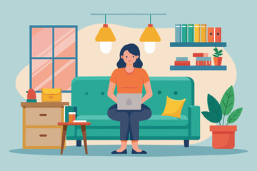 Poster - A woman sitting on a couch using a laptop computer, Woman sitting on sofa with shop background, Simple and minimalist flat Vector Illustration