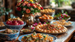 sumptuous traditional party feast with rich dishes and floral decorations