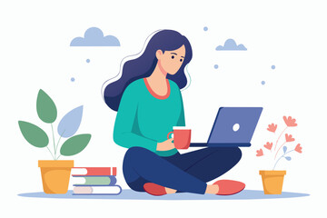 Canvas Print - Woman Sitting on Floor With Laptop, woman sitting with laptop while drinking ,online education concept distance learning, Simple and minimalist flat Vector Illustration