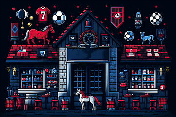 IA Illustration . Night retro style Sports house colors and black background. Time to play. Sports betting concept. Full color logos: Football, basketball, baseball, tennis, horse racing.