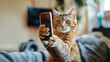 a cat lying in a bed and making a selfie with a cell phone