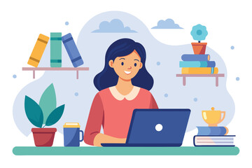 Sticker - A woman seated at a desk, using a laptop for studying or work, man studying with laptop, Online education, Simple and minimalist flat Vector Illustration