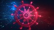 Ship's steering wheel from futuristic polygonal red lines and glowing stars for banner, poster, greeting card. Generated AI