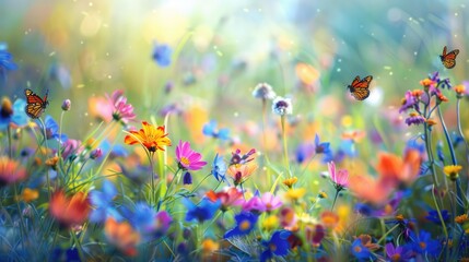 Sticker - colorful field of wildflowers in full bloom, with bees buzzing and butterflies fluttering among the blossoms in a vibrant display.