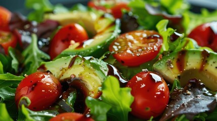 Poster - close-up of a gourmet salad with mixed greens, cherry tomatoes, and avocado slices, drizzled with balsamic vinaigrette for a burst of flavor.