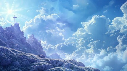 Wall Mural - Mountain landscape with cross in the sky