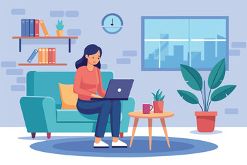 Canvas Print - A woman is sitting on a couch while using a laptop in a living room, woman working in front of living room using laptop, Simple and minimalist flat Vector Illustration