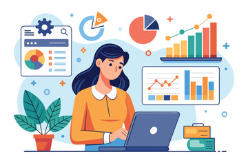 Canvas Print - A woman sitting in front of a laptop computer, analyzing digital data charts and graphs, Woman worker analyzing digital data, charts and graphs, Simple and minimalist flat Vector Illustration