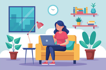 Sticker - A woman sitting on a couch, focused on her laptop computer in a living room setting, woman working in the living room with laptop, Simple and minimalist flat Vector Illustration