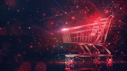 Wall Mural - Shopping cart for groceries from futuristic polygonal red lines and glowing stars for banner, poster, greeting card. Generated AI