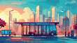 Bus and bus stop on abstract cityscape background. Vector