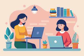 Canvas Print - Two women sitting at a table, focused on their laptops, working on assignments together, women do assignments using laptops, Simple and minimalist flat Vector Illustration