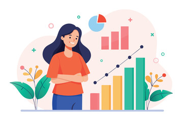 Wall Mural - A woman is standing in front of a bar chart, analyzing data with a focused expression, women growth data analysis, Simple and minimalist flat Vector Illustration