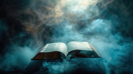 Open bible on a dark background with rays of light and smoke