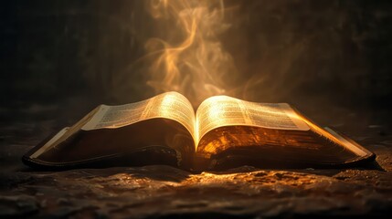 Wall Mural - Open bible on a dark background with rays of light and smoke