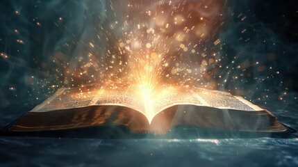 Open bible on a dark background with rays of light and smoke