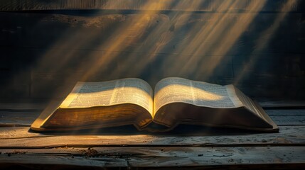 Sticker - Open bible on a dark background with rays of light and smoke