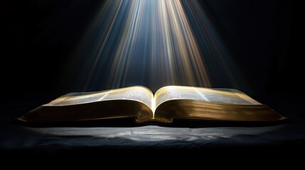 Wall Mural - Open bible on a dark background with rays of light and smoke