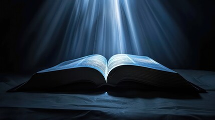 Open bible on a dark background with rays of light and smoke