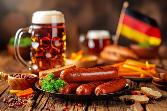Germany traditional food. Beer and sausages with Germany flag on the table