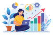 A woman sitting on the floor, focused on her laptop screen while working, women working on growth data, Simple and minimalist flat Vector Illustration
